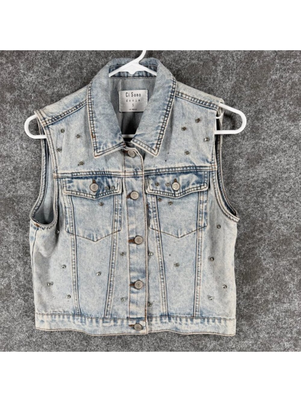 Ci Sono Rhinestone Denim Vest Womens S Blue Acid Wash Classic Button Front